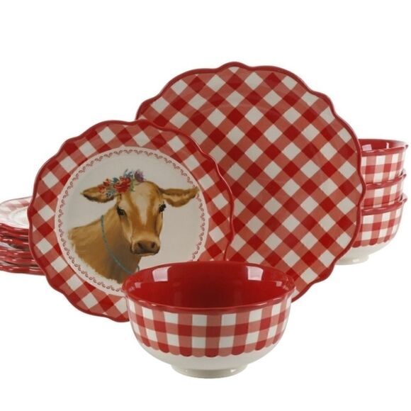 🦋 HOST PICK! 🥳 🦋 New Pioneer Woman "Cow" Gingham 12-Piece Ceramic Dinnerware - Picture 4 of 6
